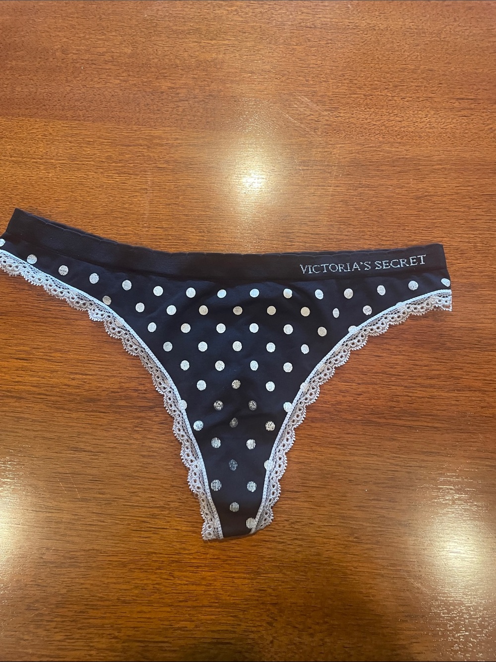 Vintage Victoria's Secret Black white Polka Dot Lace Bikini thong underwear Med